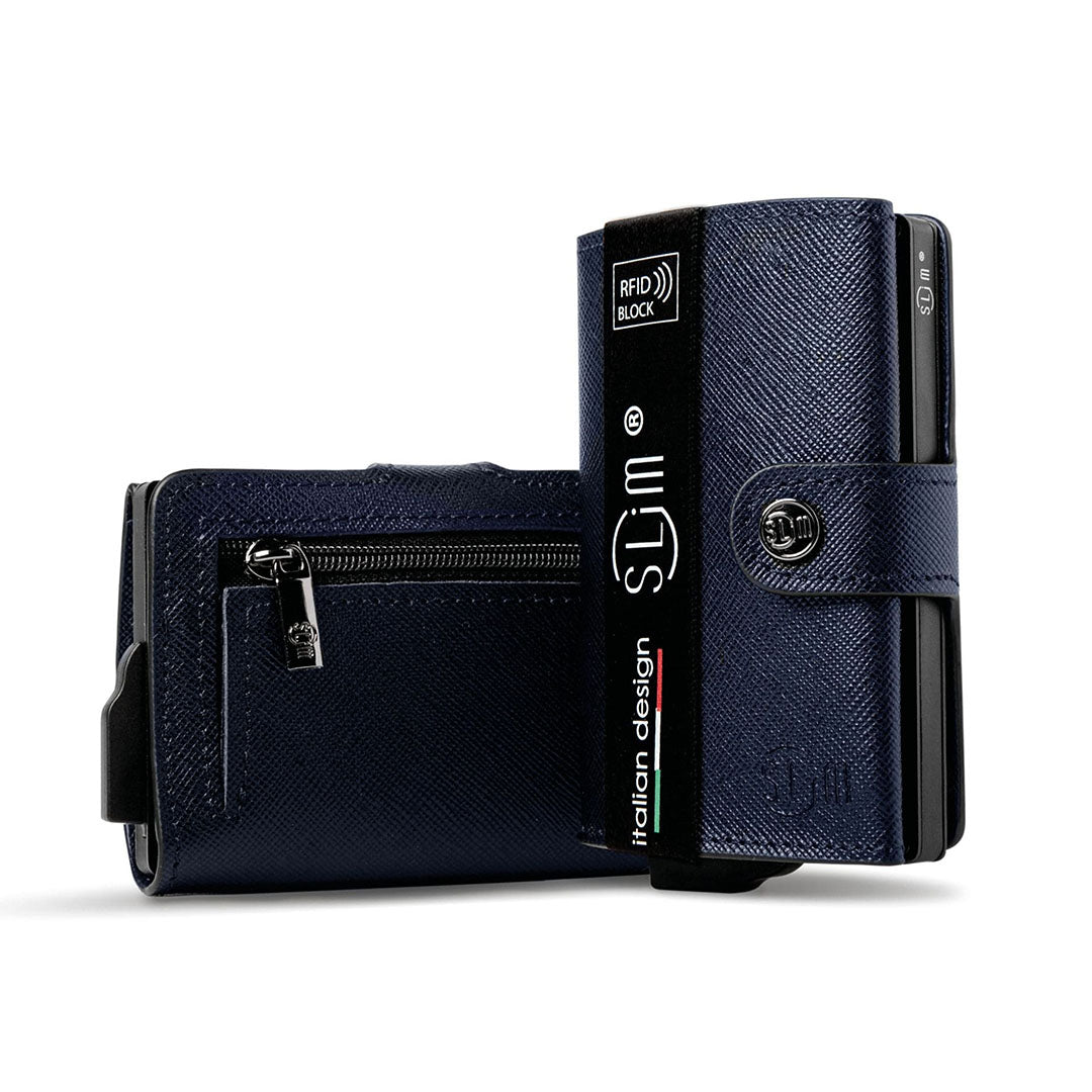 Portacarte Vera Pelle Saffiano Anti Graffio Blu con zip