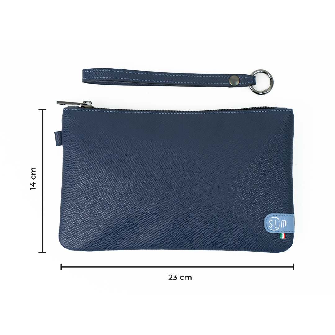 Pochette con Polsiera Vera Pelle Saffiano Blu