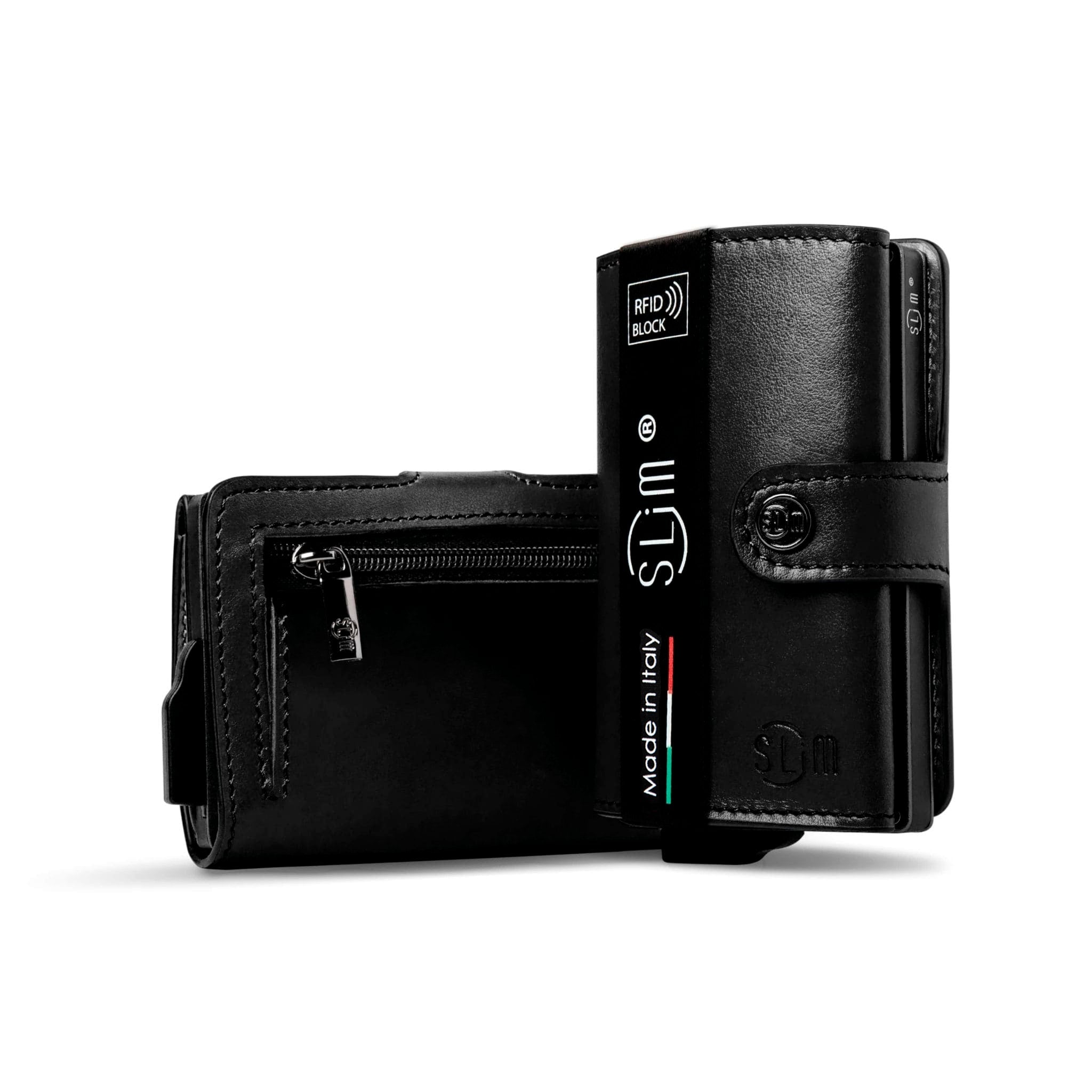 Porta Carte Vera Pelle Nero Con Zip