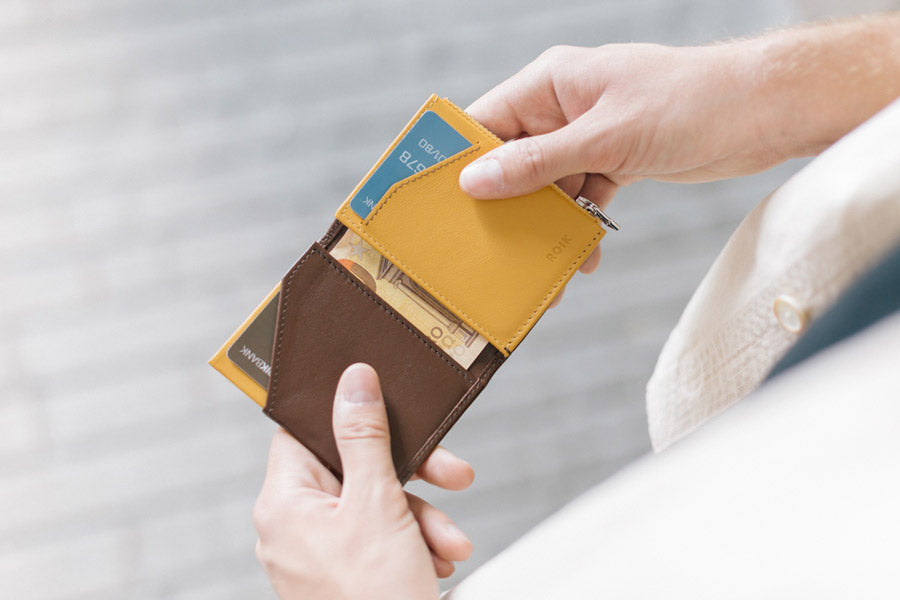 Portafoglio in Pelle Zip Coin Brown Mustard