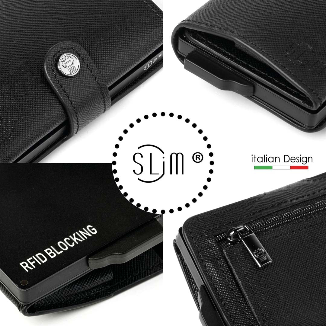 Portacarte Vera Pelle Saffiano Anti Graffio Nero con zip