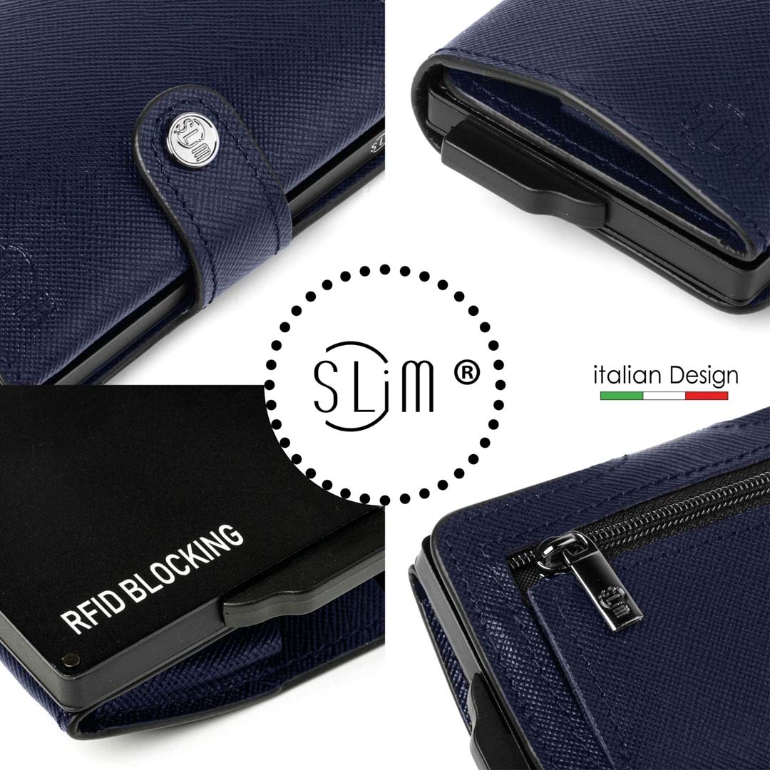 Portacarte Vera Pelle Saffiano Anti Graffio Blu con zip