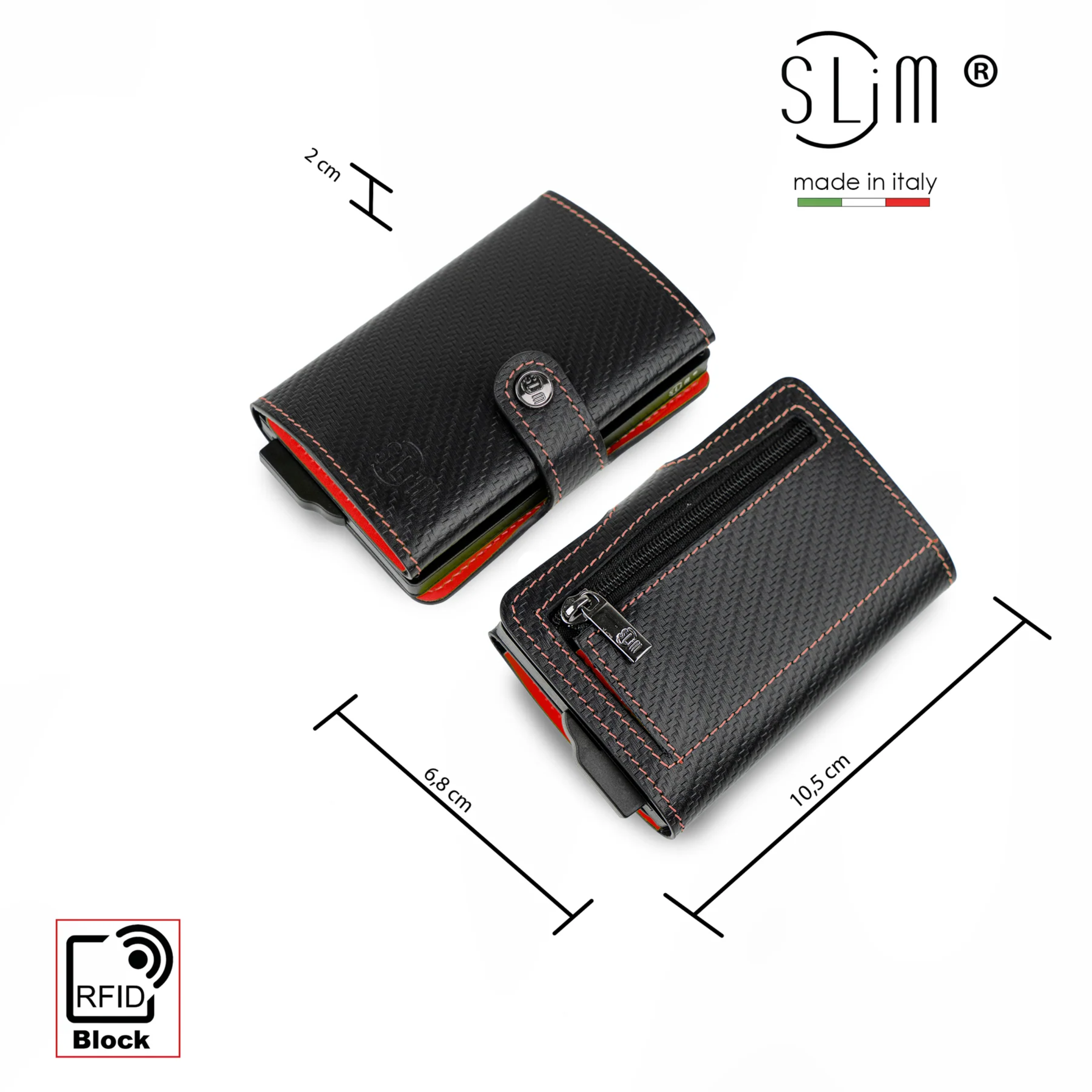 Porta Carte Vera Pelle Carbon Style Nero/Rosso con zip