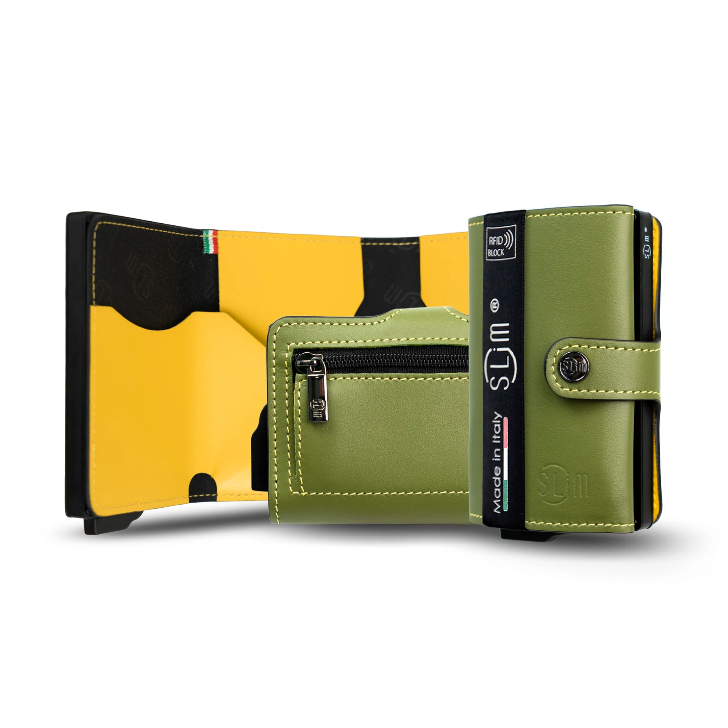 Porta carte Vera Pelle Verde Pistacchio-Giallo con zip porta-monete
