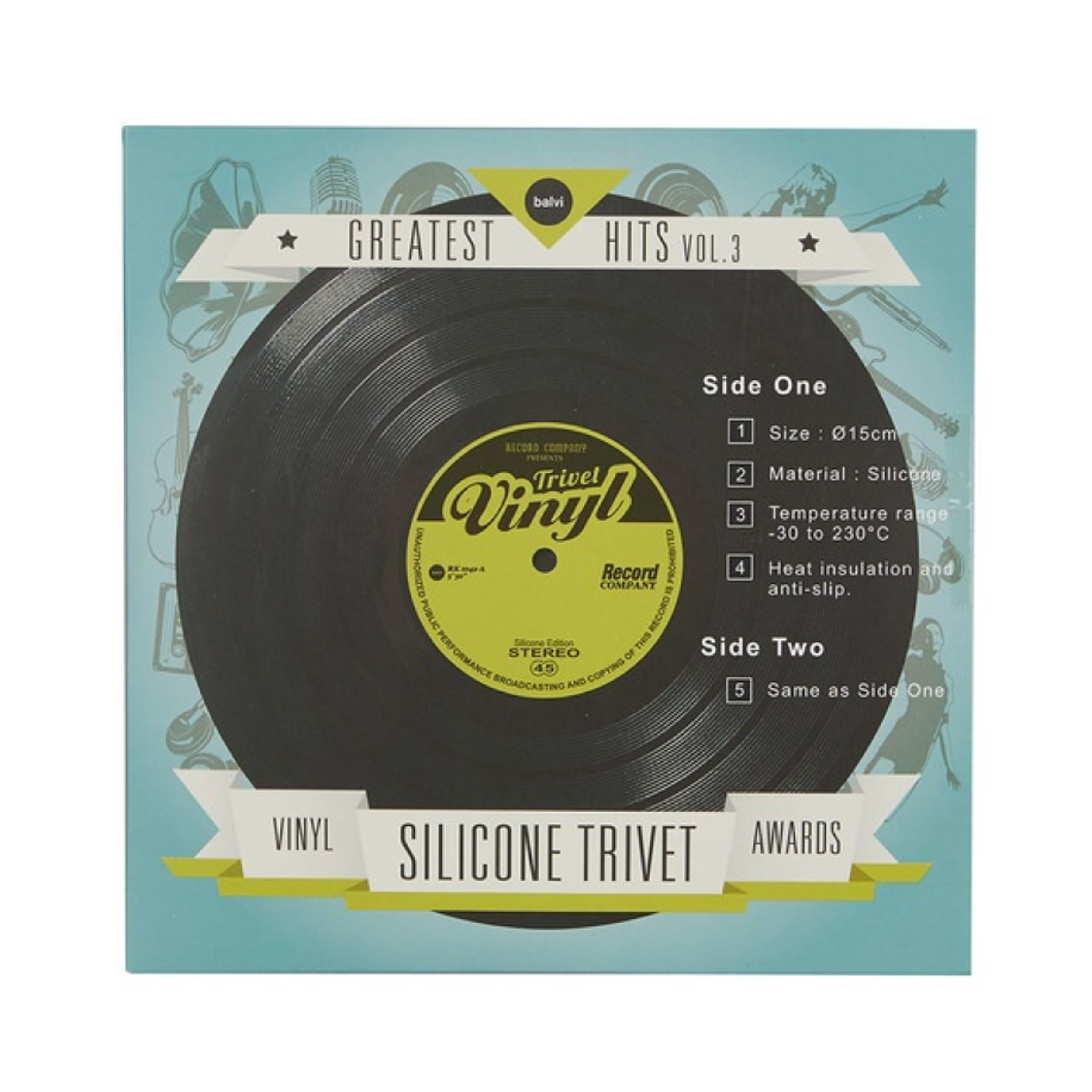 Sottopentola Balvi in silicone a forma di disco in vinile.
