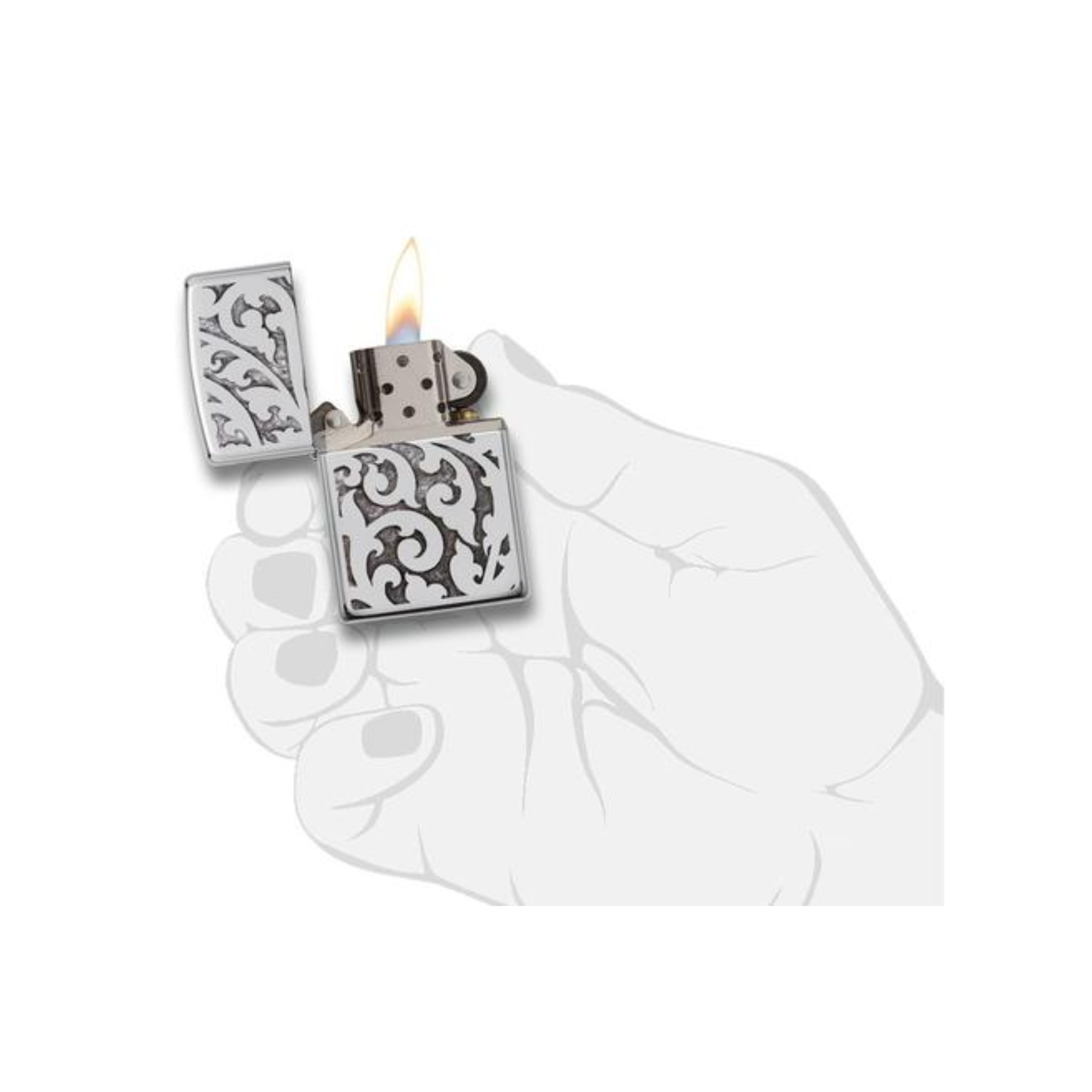Accendino Zippo High Polish Chrome in metallo a benzina - ricaricabile - antivento -  floreale