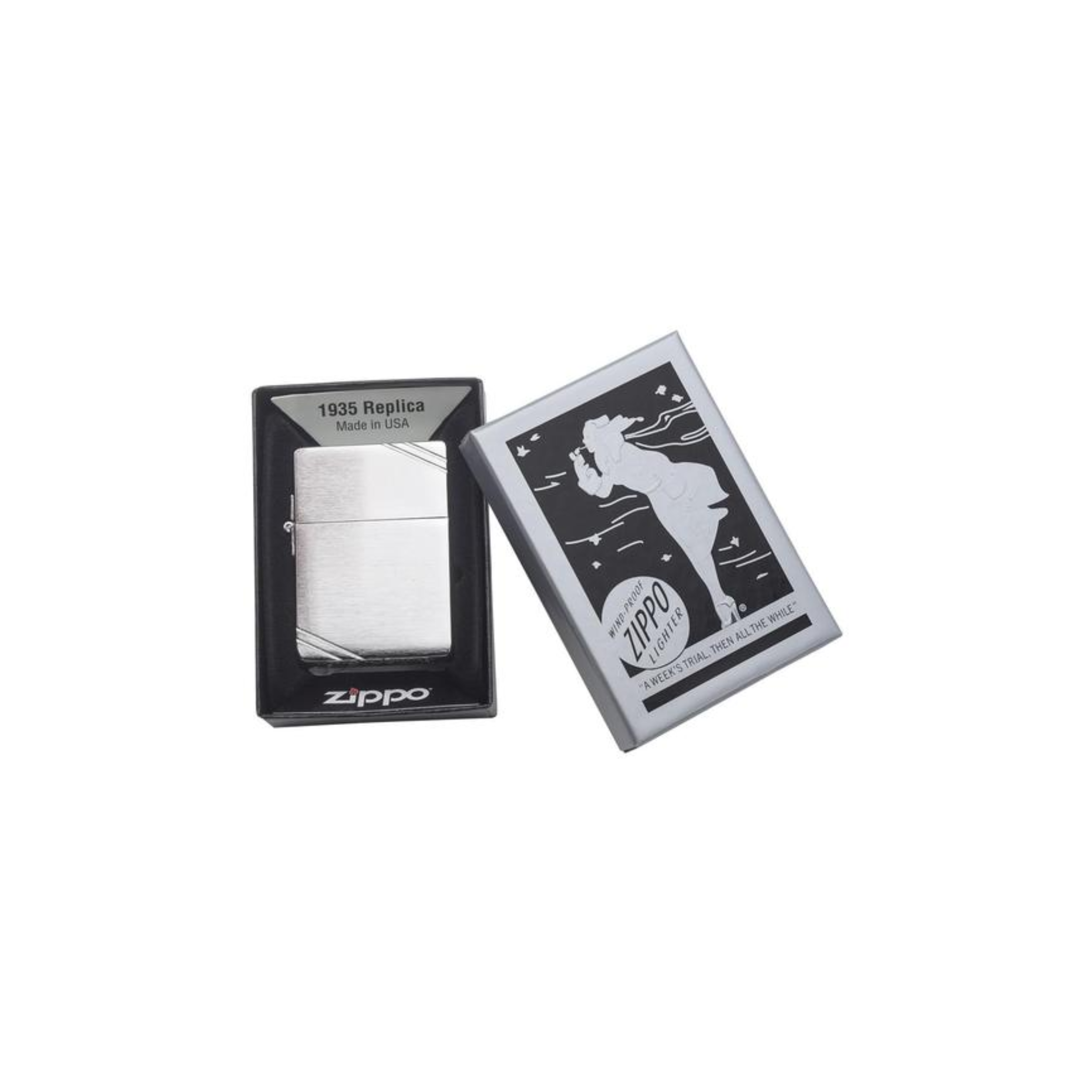 Accendino Zippo brushed chrome con cassa 1935 Replica in metallo a benzina - ricaricabile - cerniera esterna