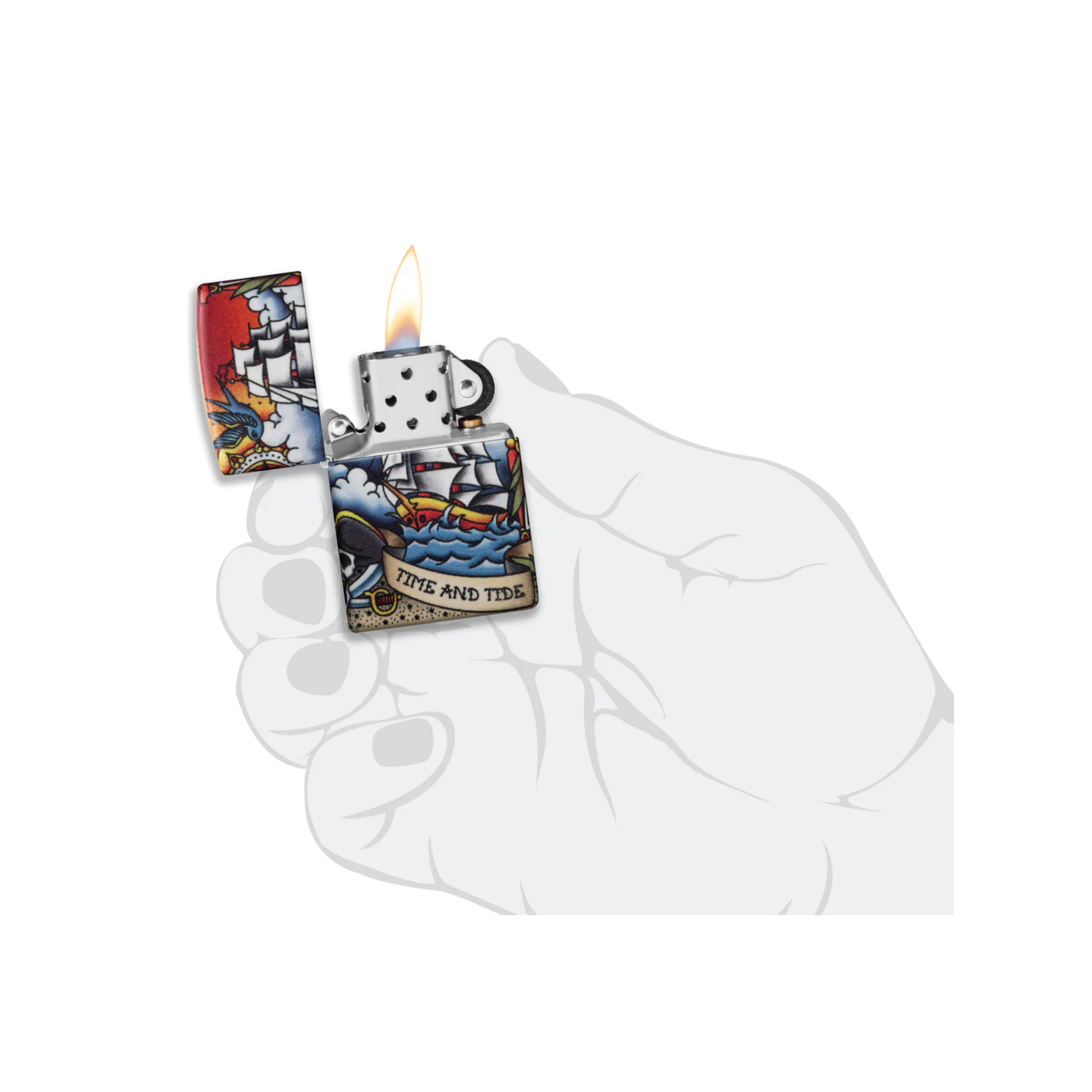 Accendino ZIppo Nautical Tattoo in metallo a benzina - ricaricabile - antivento - nave pirati