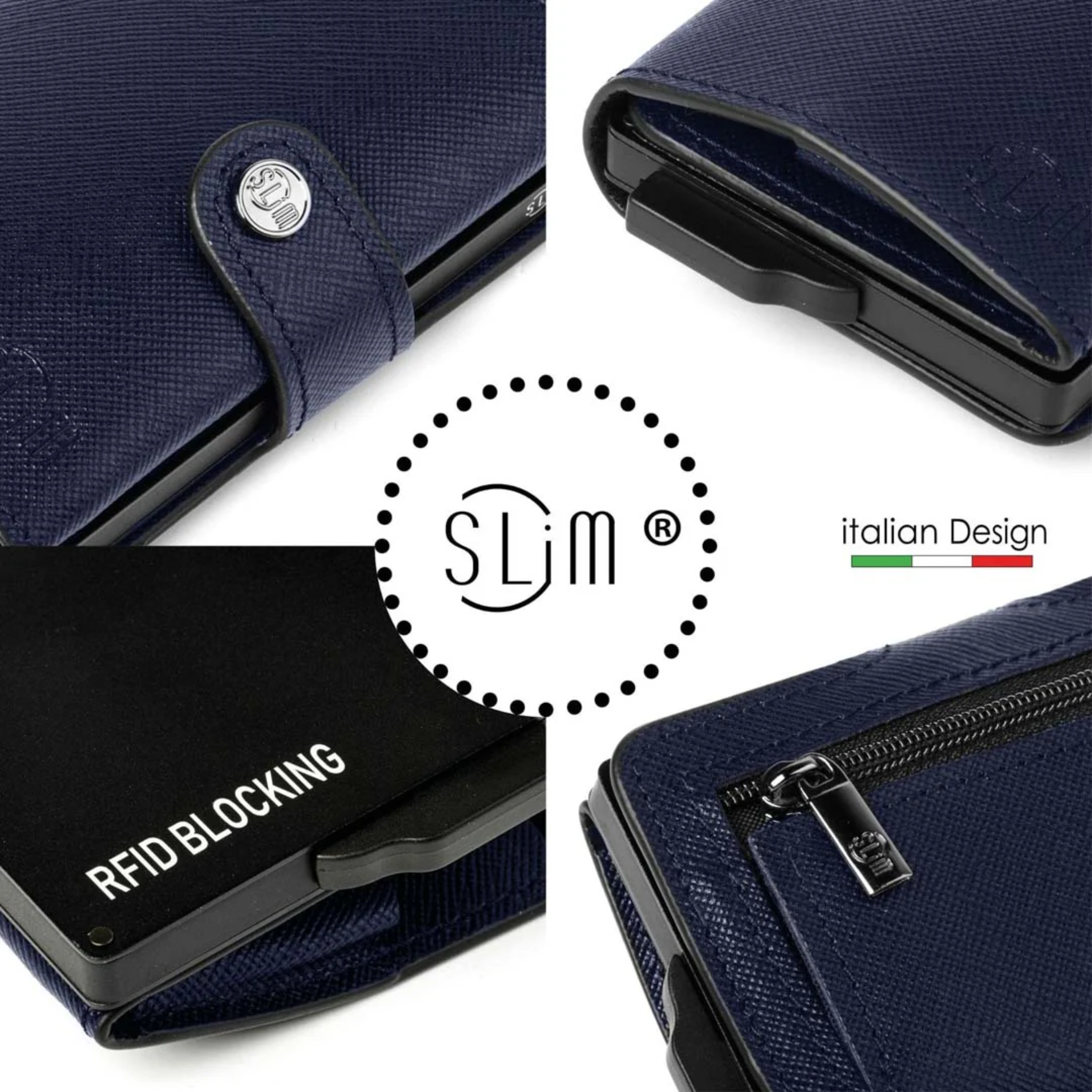 Portacarte Vera Pelle Saffiano Anti Graffio Blu con zip