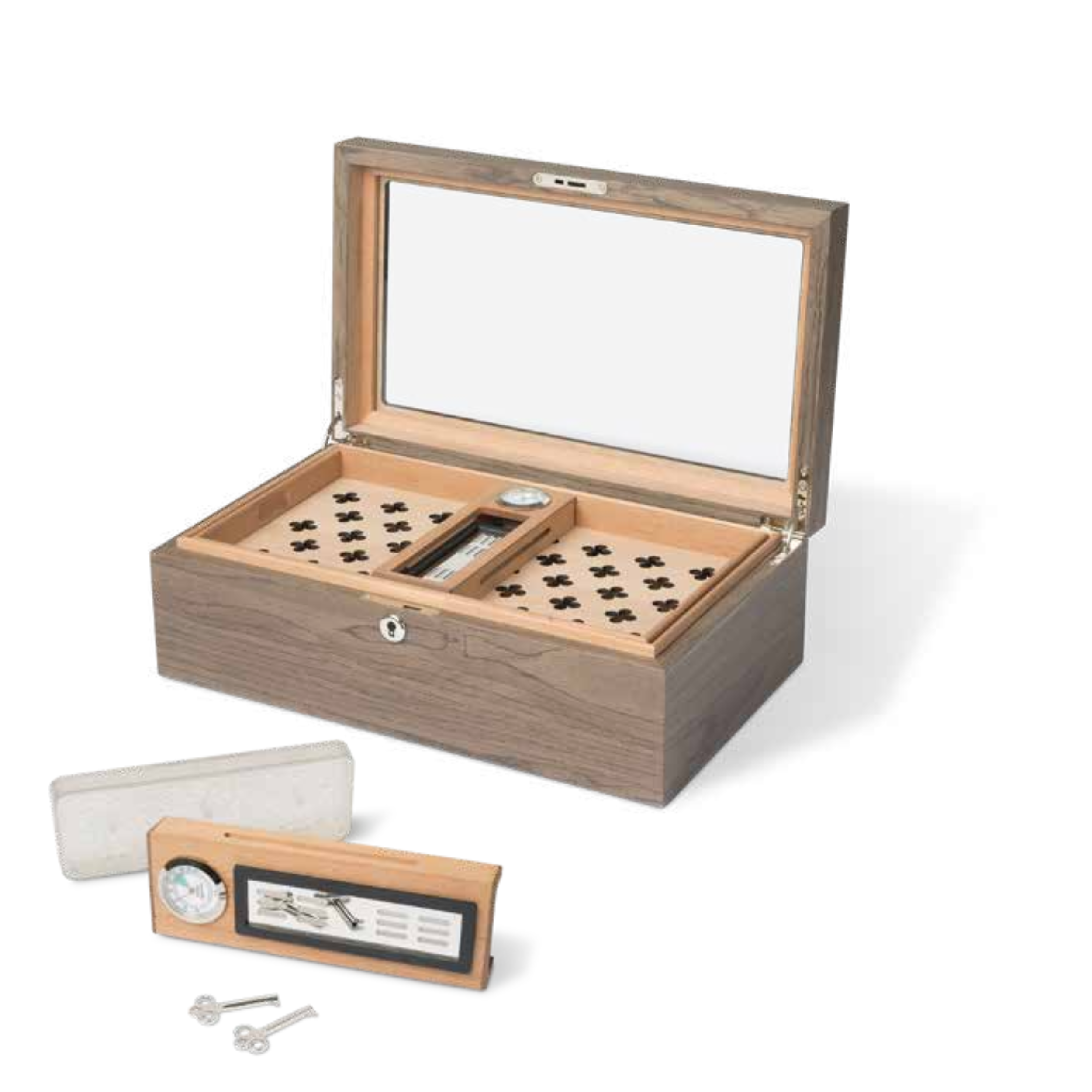 Scatola Humidor Cadore per Sigari in legno massello di cedro, con igrometro analogico e apertura con chiave. Made in Italy.