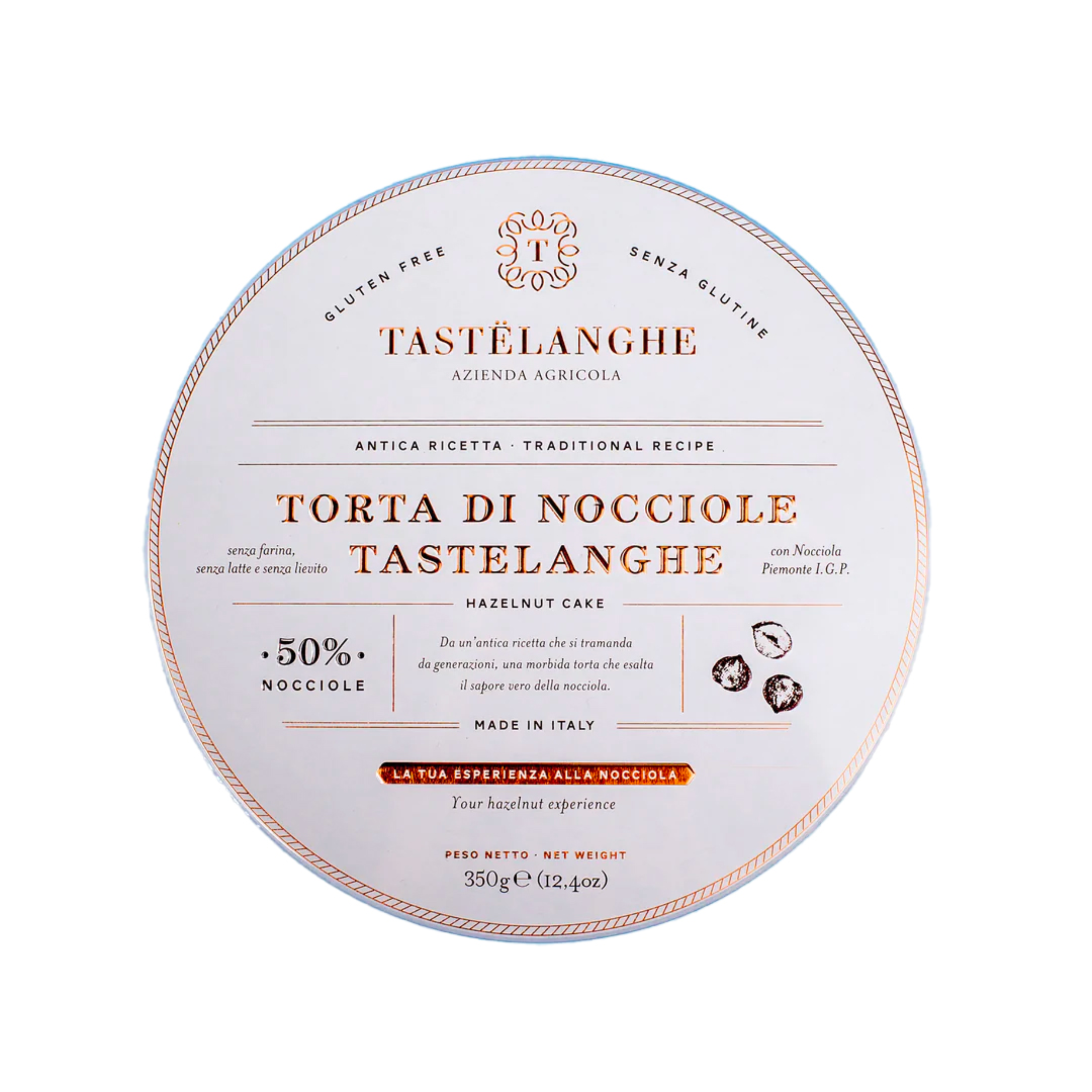 350g Torta di nocciole IGP Tastelanghe senza farina, senza lievito, senza latte e senza glutine.
