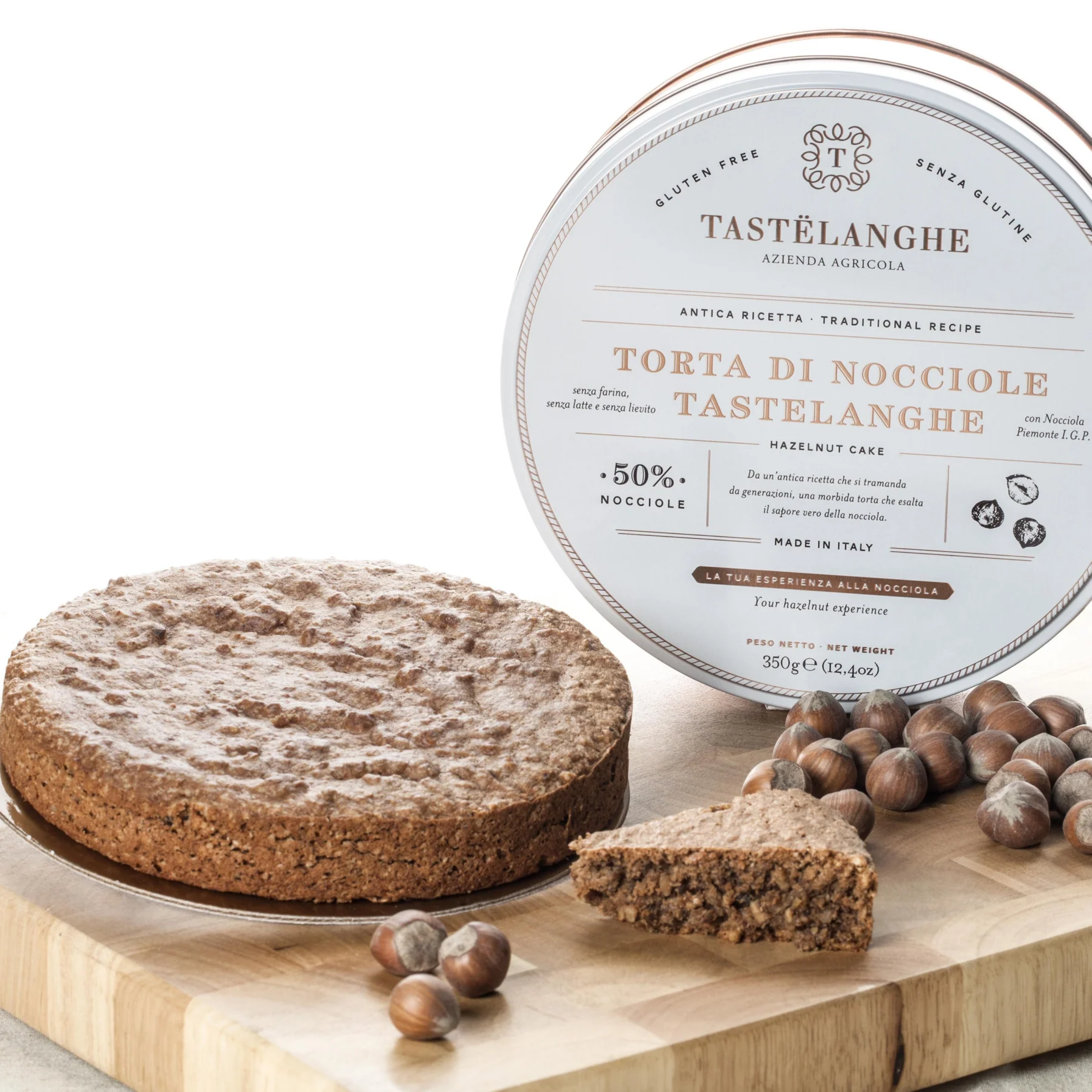 350g Torta di nocciole IGP Tastelanghe senza farina, senza lievito, senza latte e senza glutine.
