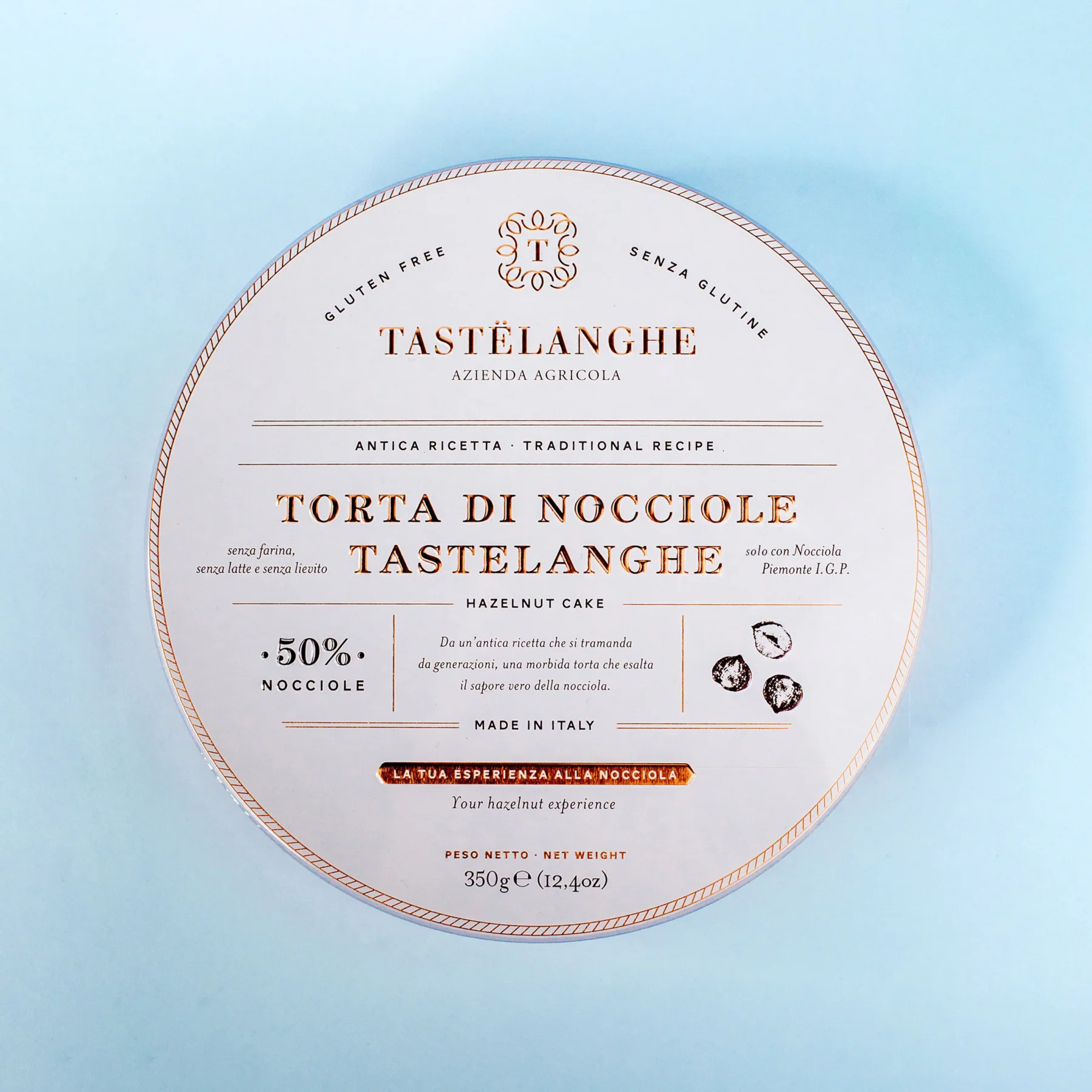 350g Torta di nocciole IGP Tastelanghe senza farina, senza lievito, senza latte e senza glutine.