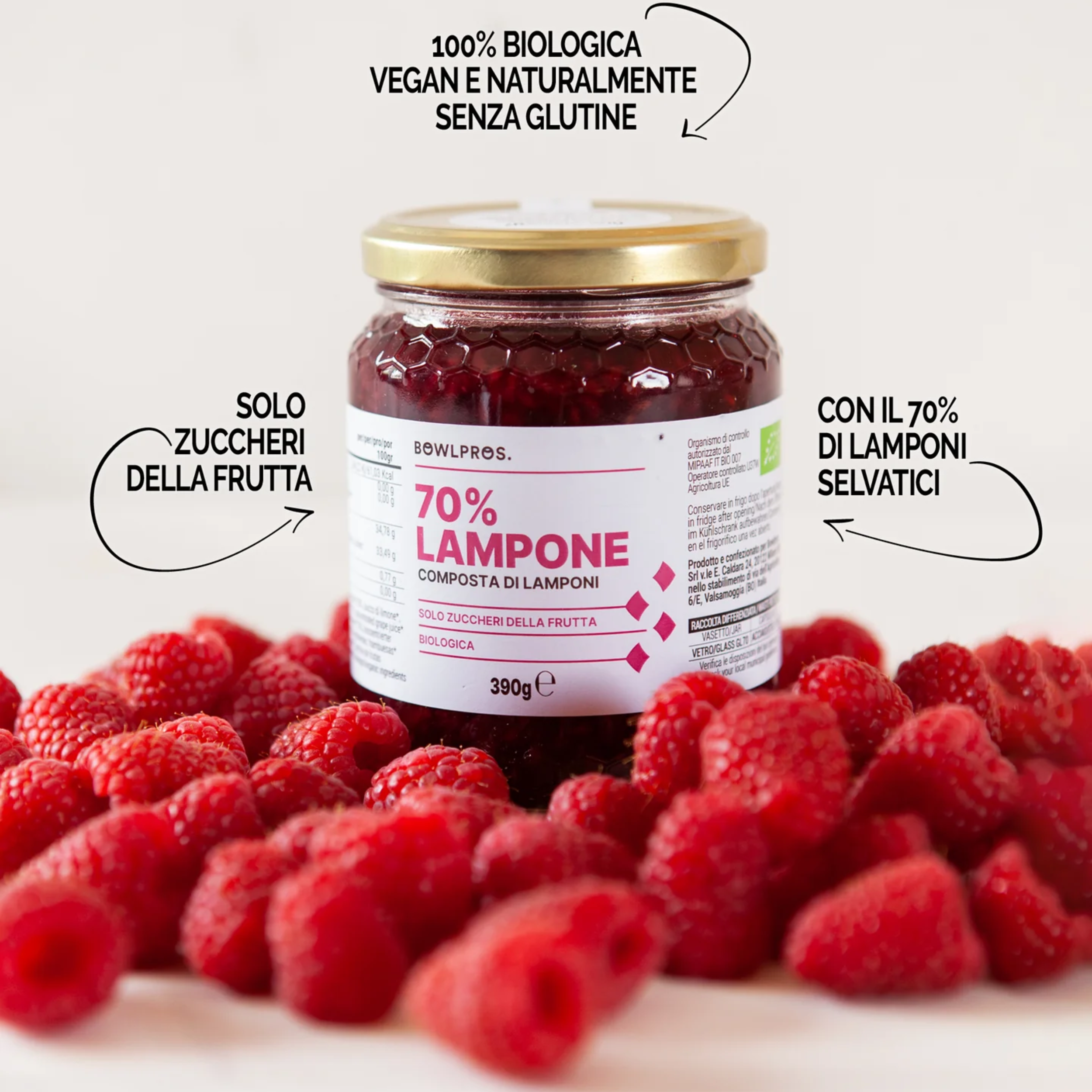 390g Composta Biologica 70% Lamponi Selvatici senza glutine
