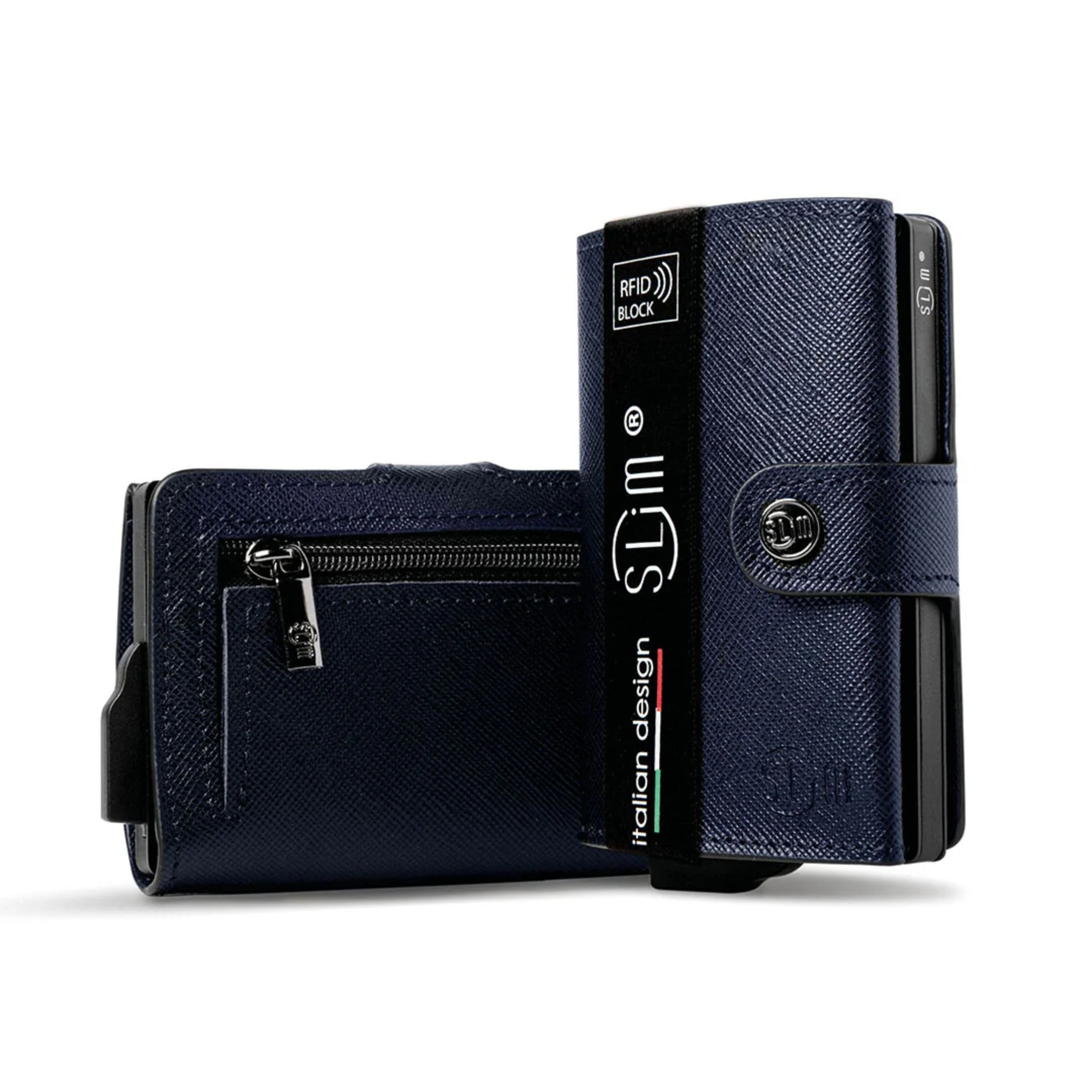 Portacarte Vera Pelle Saffiano Anti Graffio Blu con zip