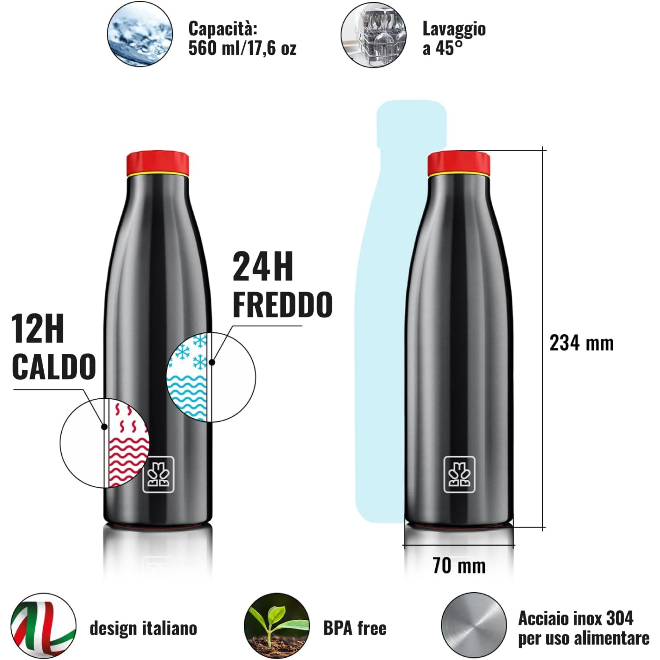 520ml Borraccia Termica BBoom in Acciaio - finitura metalizzata