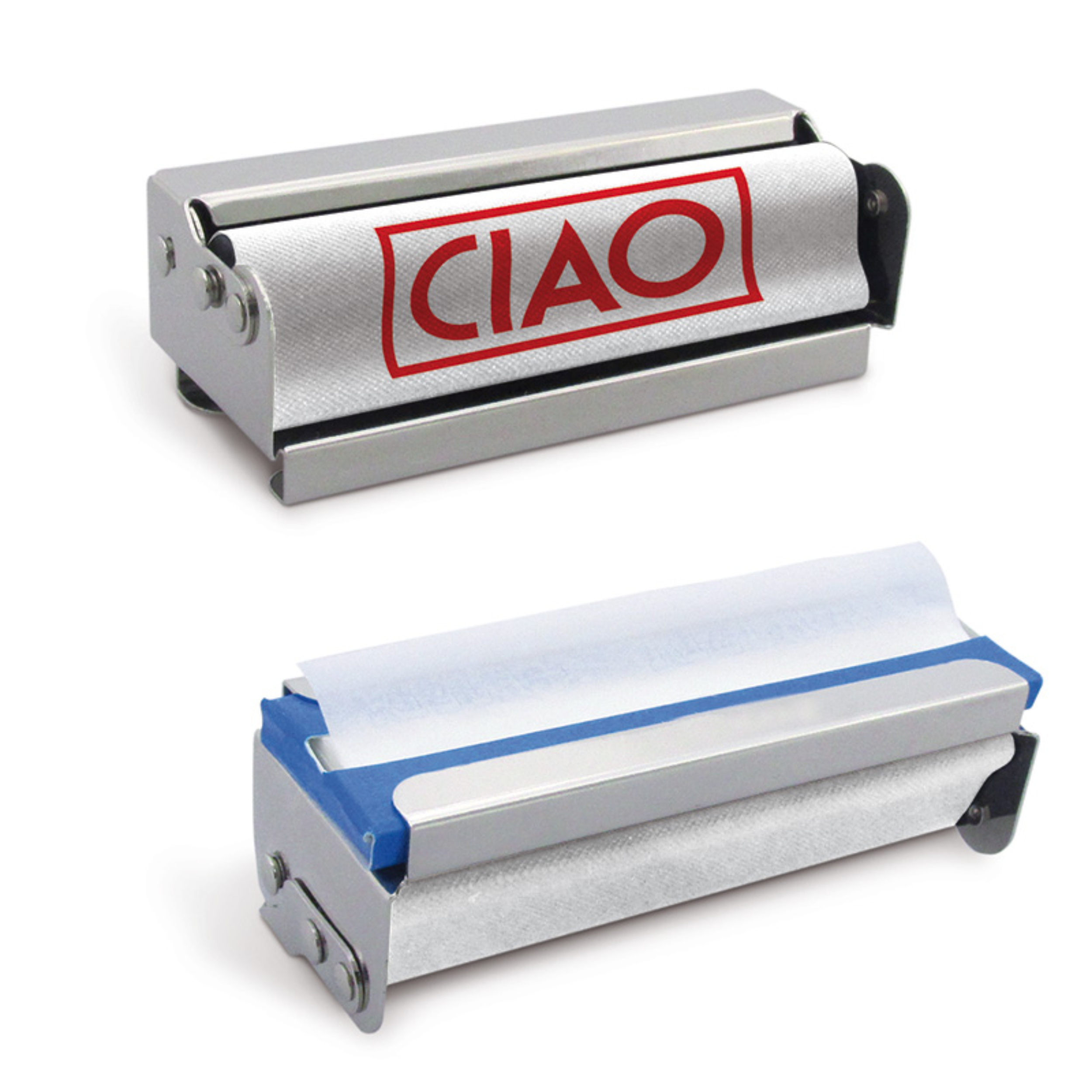 Macchinetta  Ciao per rollare sigarette da 70 mm, in metallo con porta cartine.