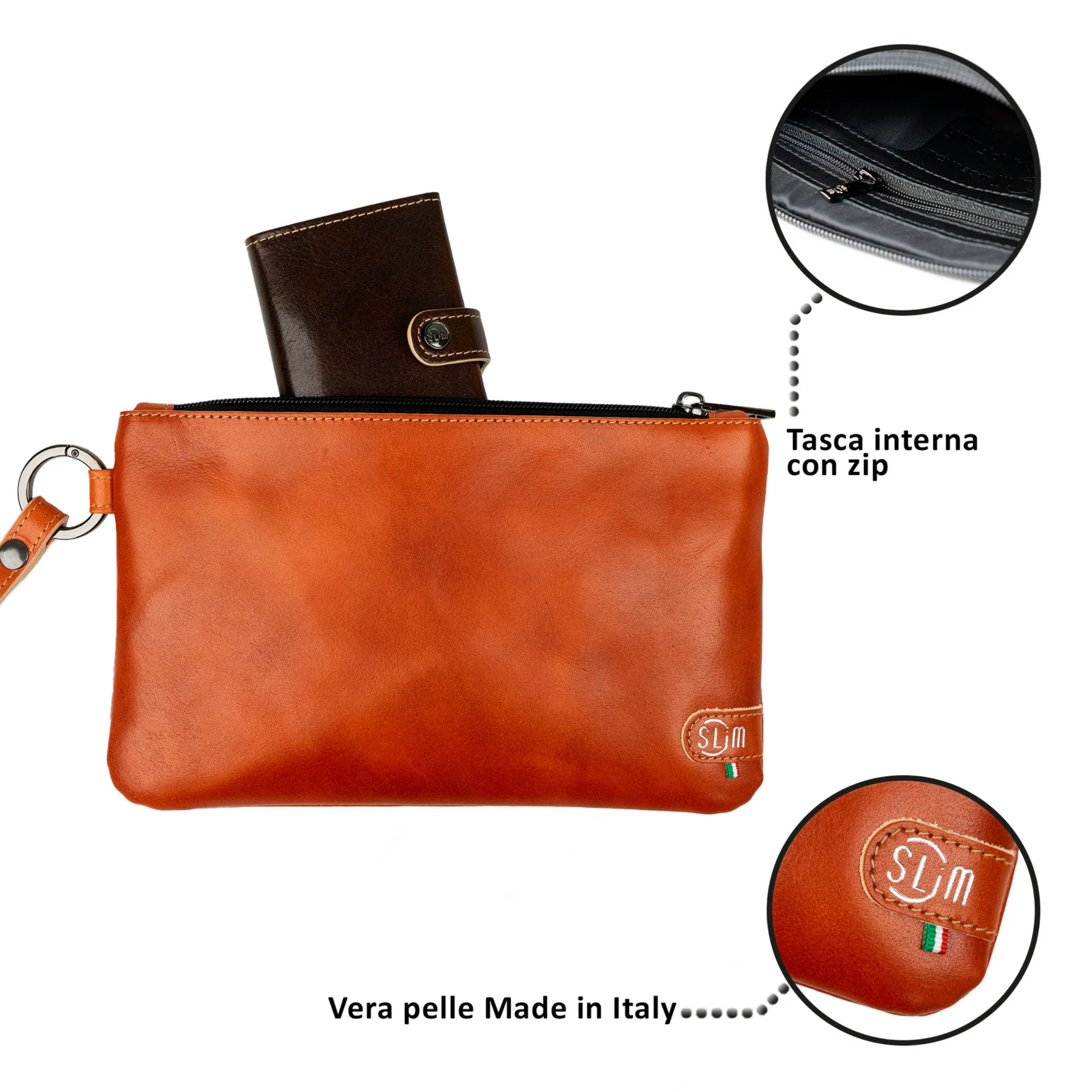 Pochette con Polsiera Vera Pelle Vegetale Arancione