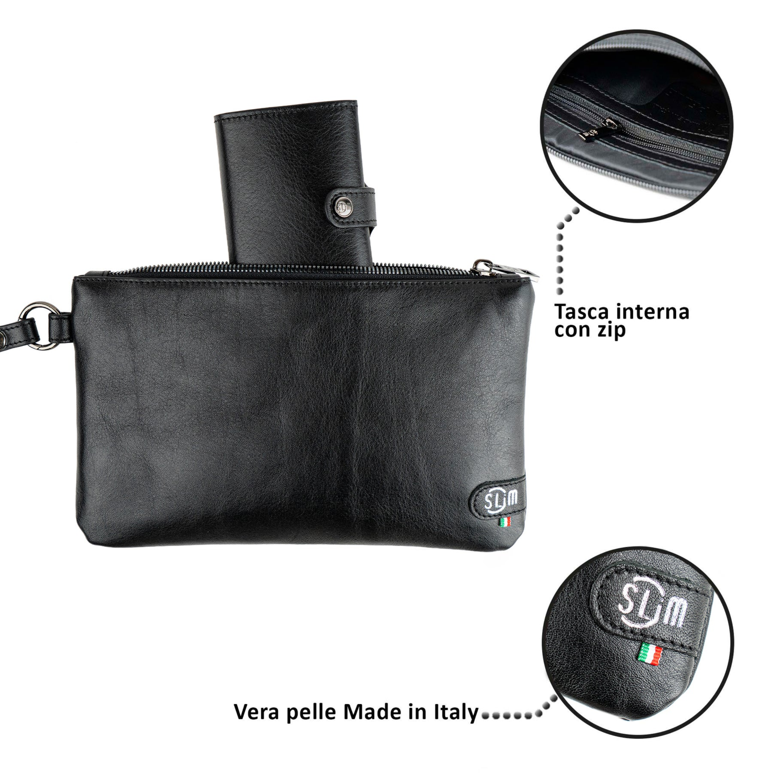 Pochette con Polsiera Vera Pelle Vegetale Nero