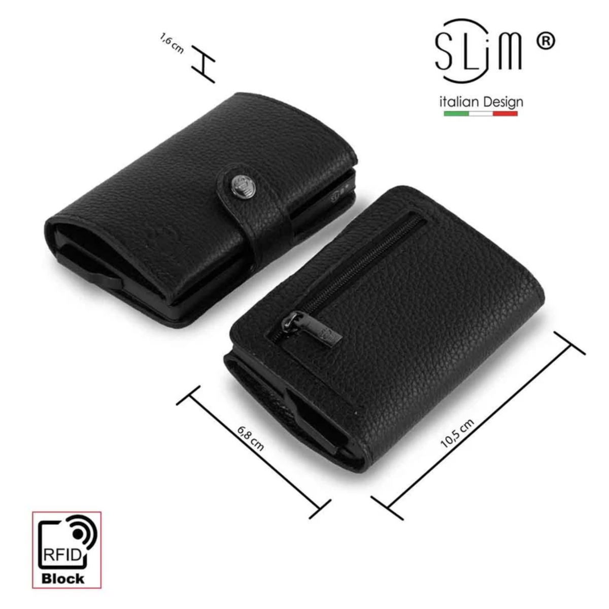 Porta Carte Vera Pelle Bottalato Nero con zip porta monete