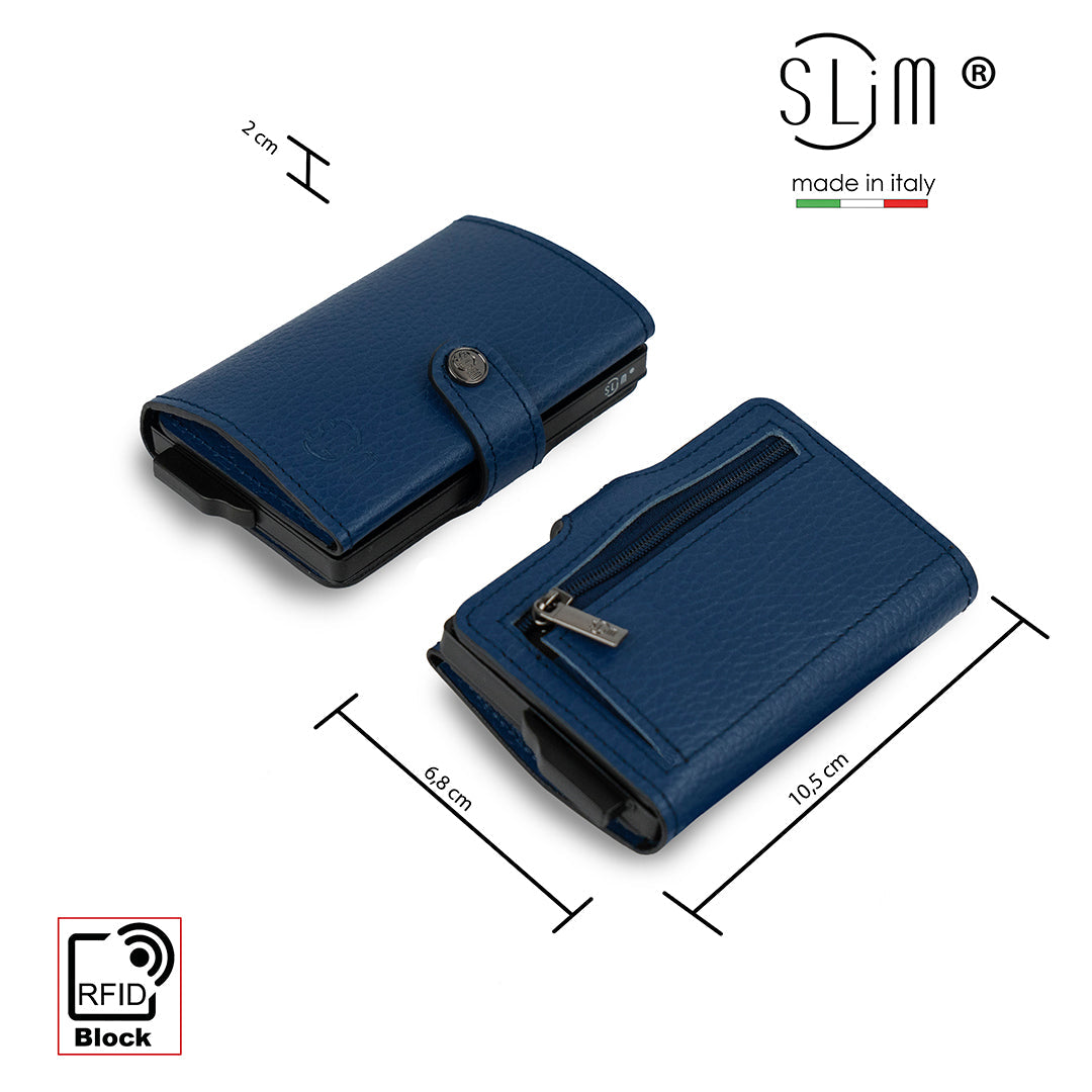 Porta Carte Vera Pelle Bottalato Blu con zip porta monete