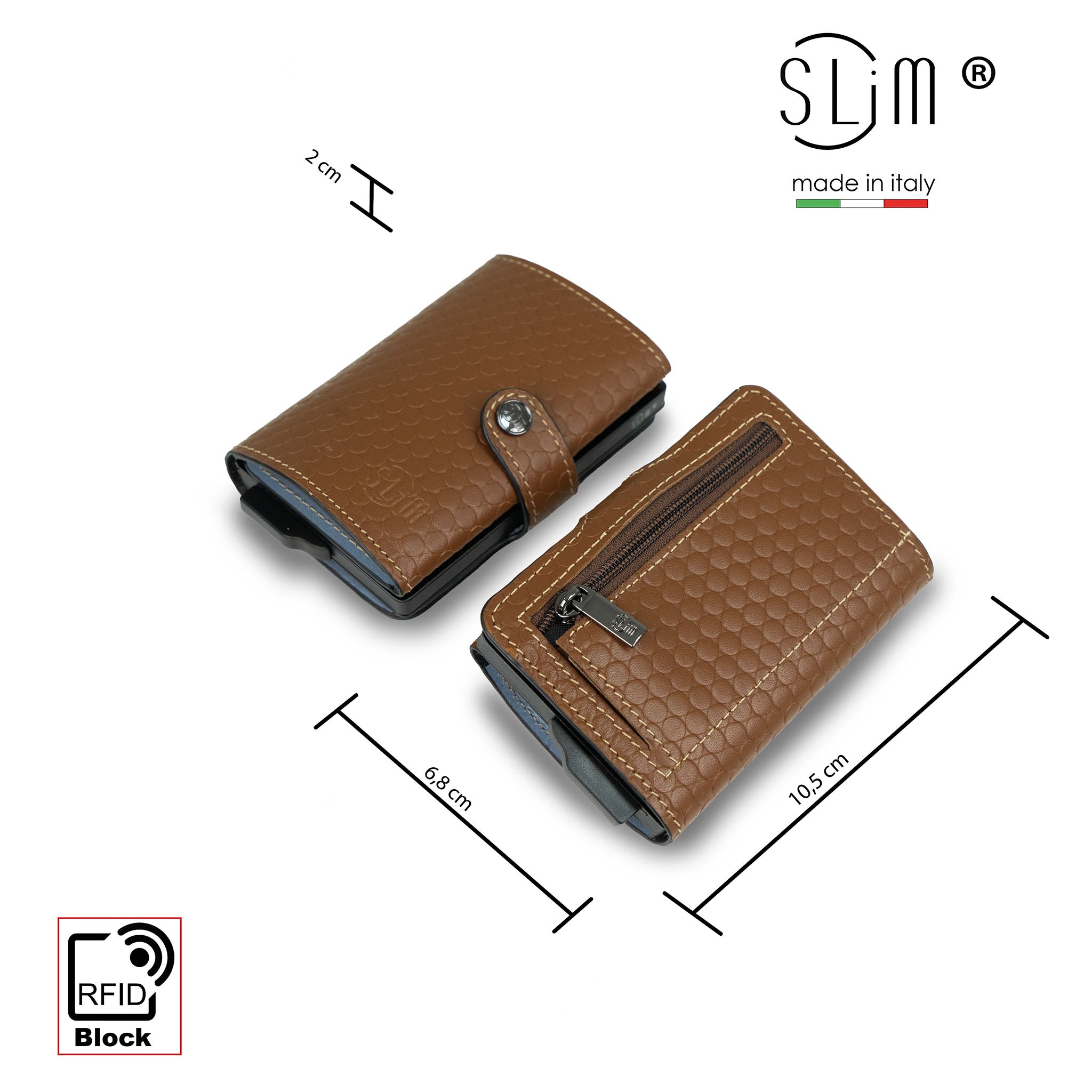 Porta Carte Vera Pelle Bolle Cammello/Celeste con zip porta monete