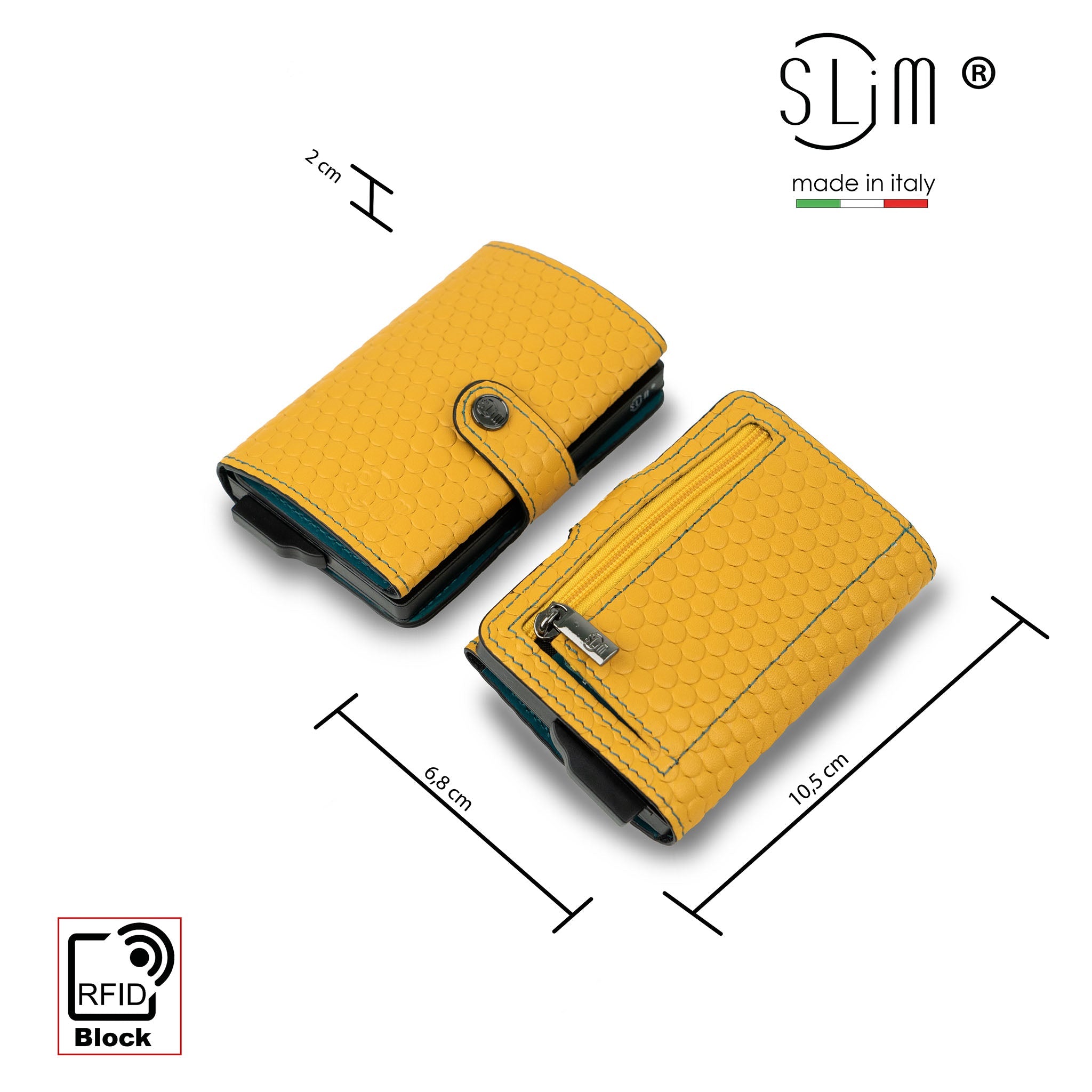 Porta Carte Vera Pelle Bolle Giallo/Petrolio con zip porta monete