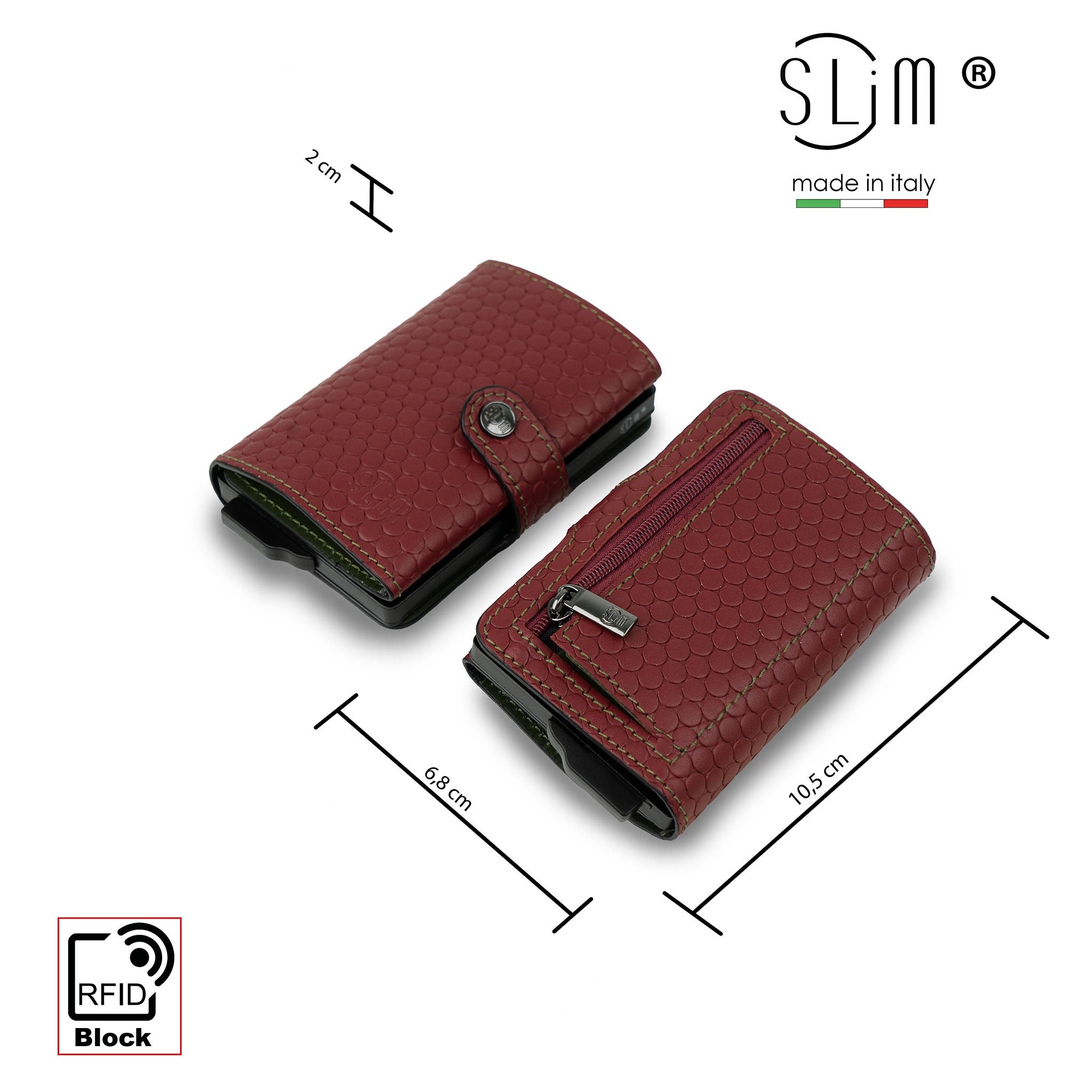 Porta Carte Vera Pelle Bolle Amaranto/Verde con zip porta monete