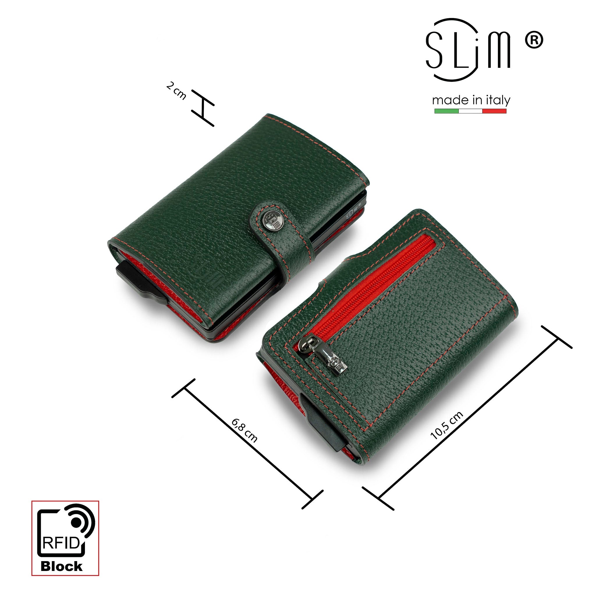 Porta Carte Vera Pelle Stampa Cinghialino Verde/Rosso con Zip