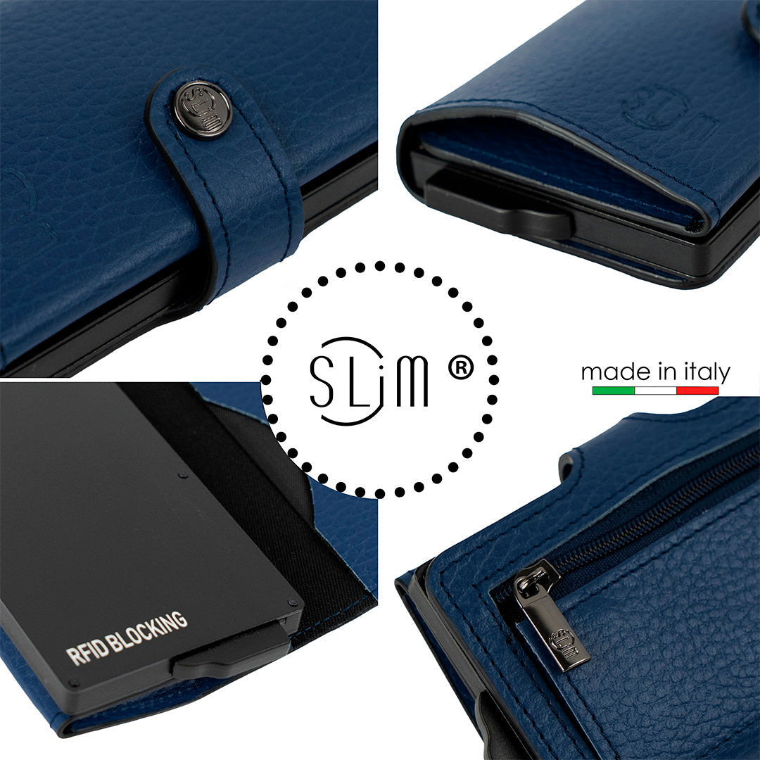 Porta Carte Vera Pelle Bottalato Blu con zip porta monete