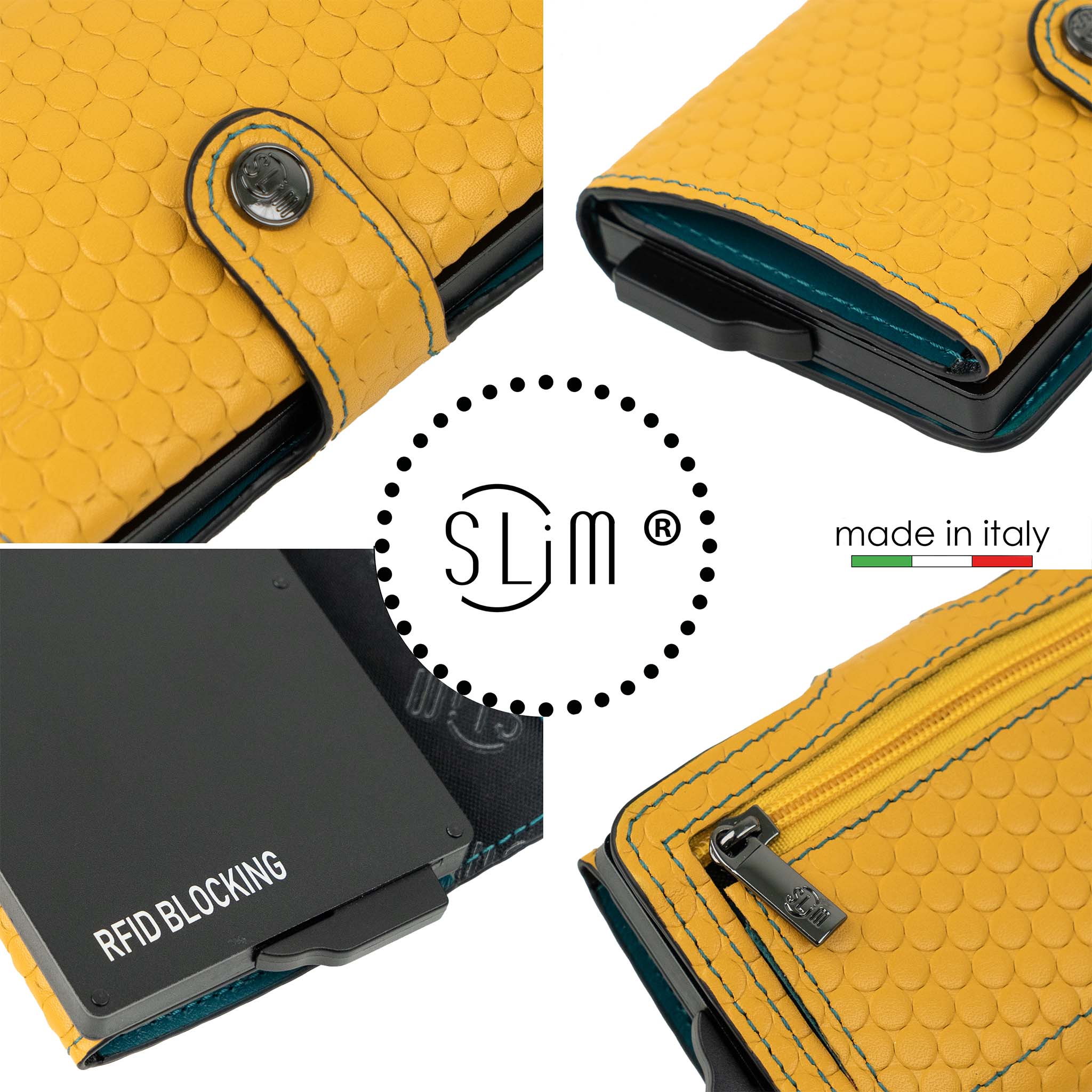 Porta Carte Vera Pelle Bolle Giallo/Petrolio con zip porta monete