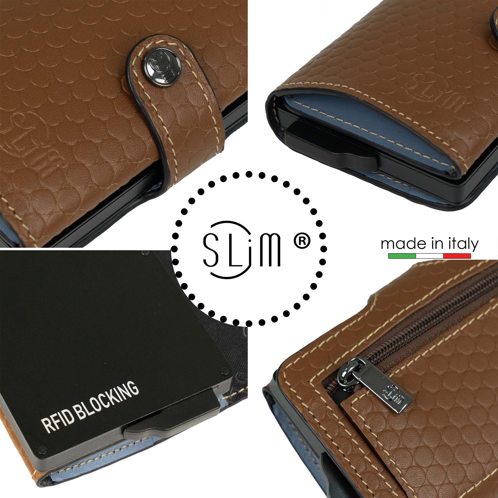 Porta Carte Vera Pelle Bolle Cammello/Celeste con zip porta monete