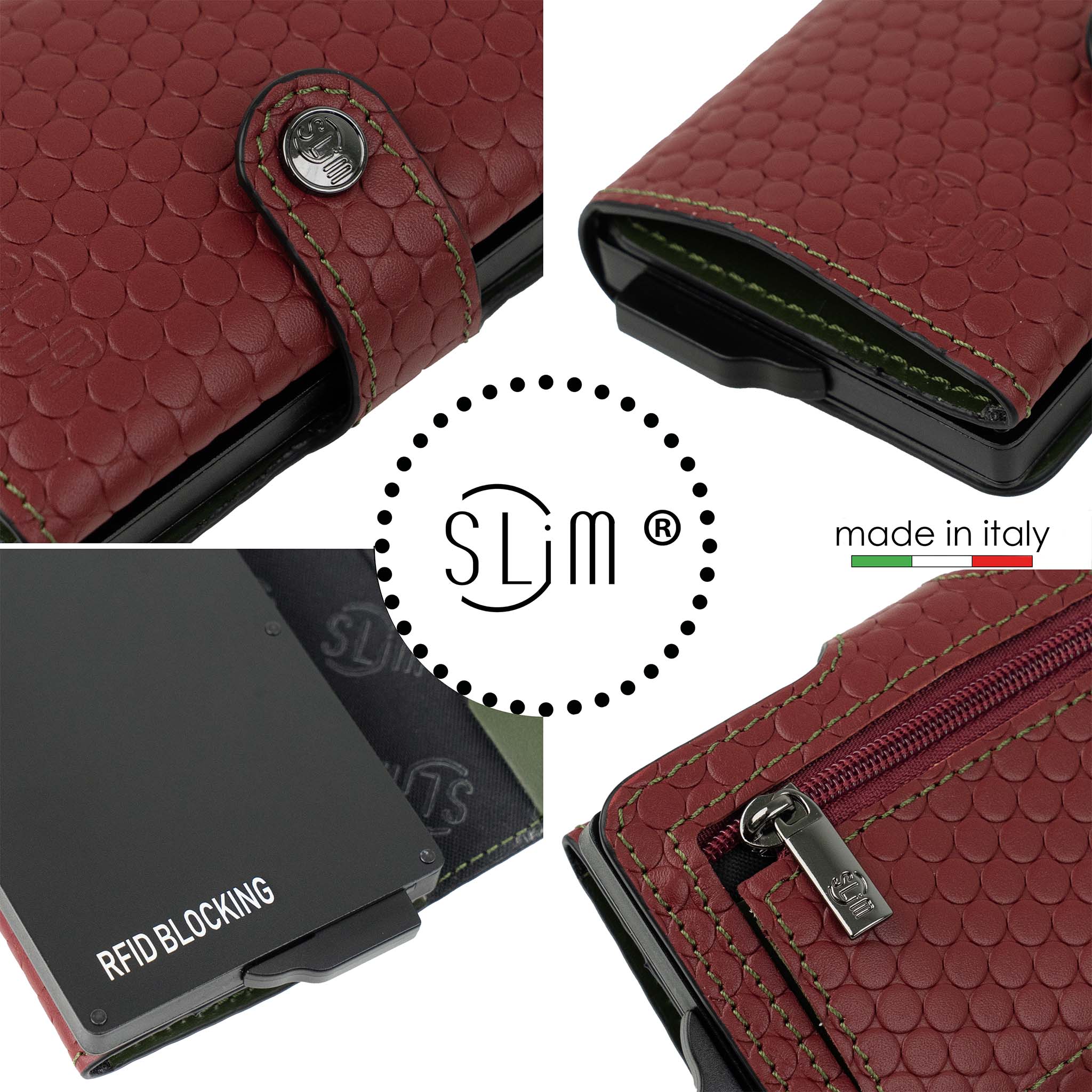 Porta Carte Vera Pelle Bolle Amaranto/Verde con zip porta monete