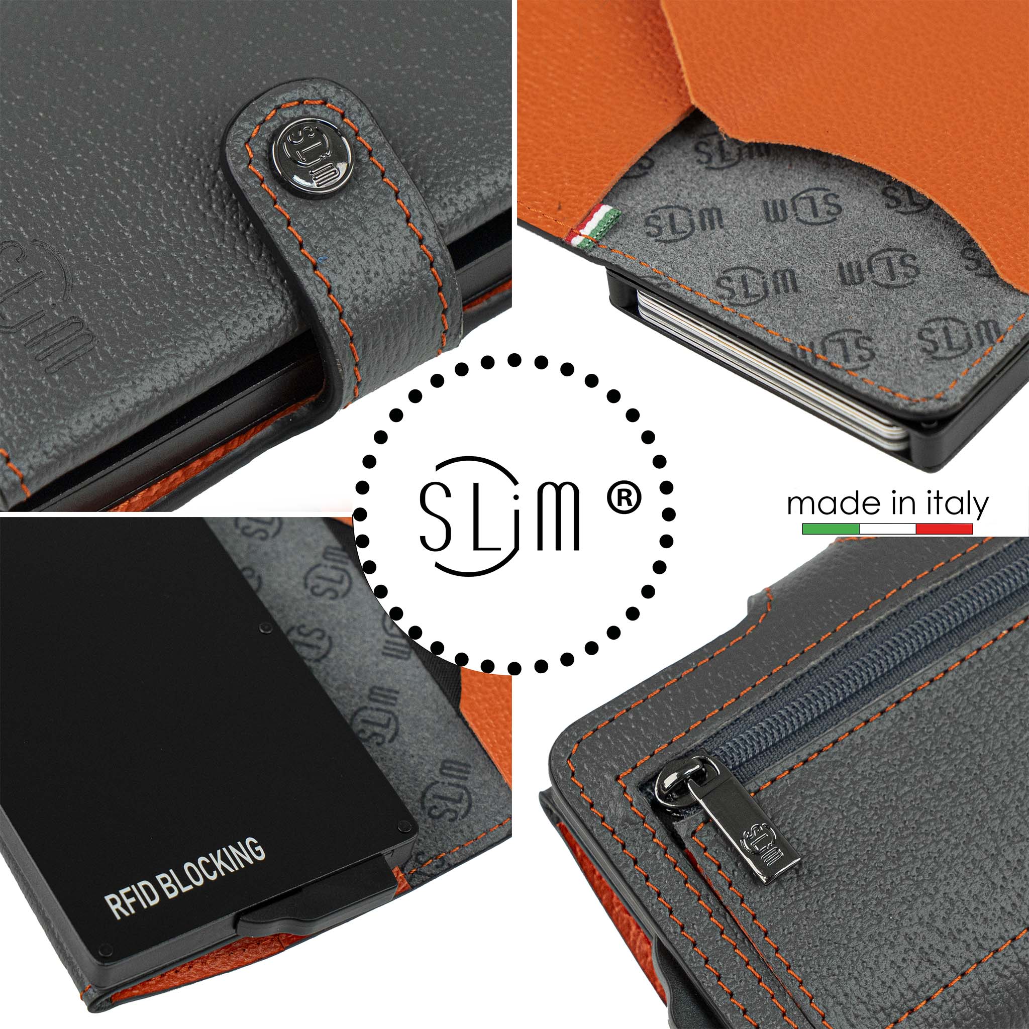 Porta Carte Vera Pelle Stampa Cinghialino Grigio/Arancio con ZIp