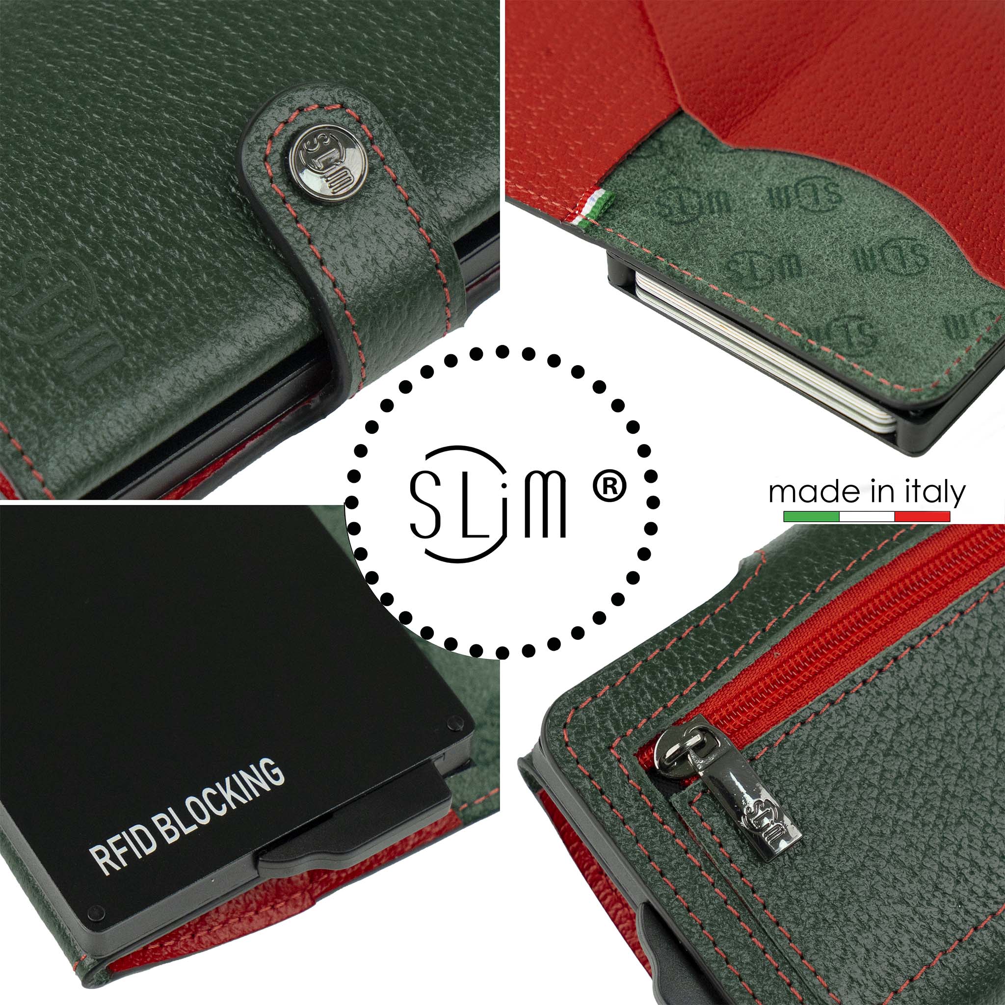 Porta Carte Vera Pelle Stampa Cinghialino Verde/Rosso con Zip