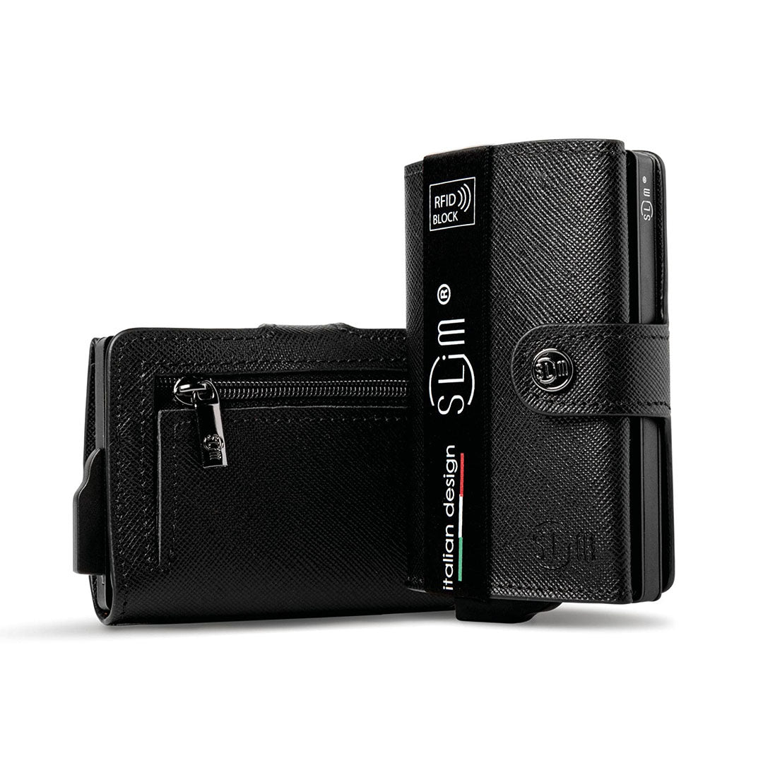 Portacarte Vera Pelle Saffiano Anti Graffio Nero con zip