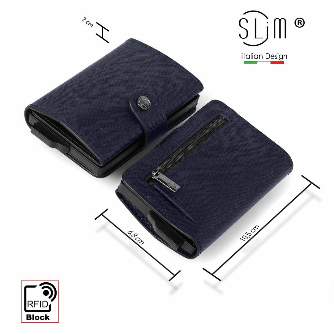 Portacarte Vera Pelle Saffiano Anti Graffio Blu con zip