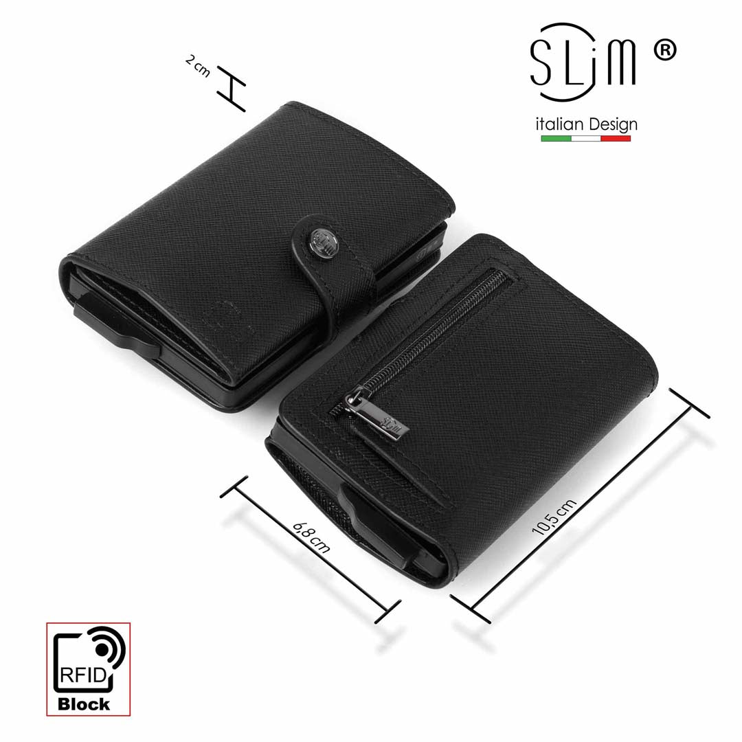 Portacarte Vera Pelle Saffiano Anti Graffio Nero con zip